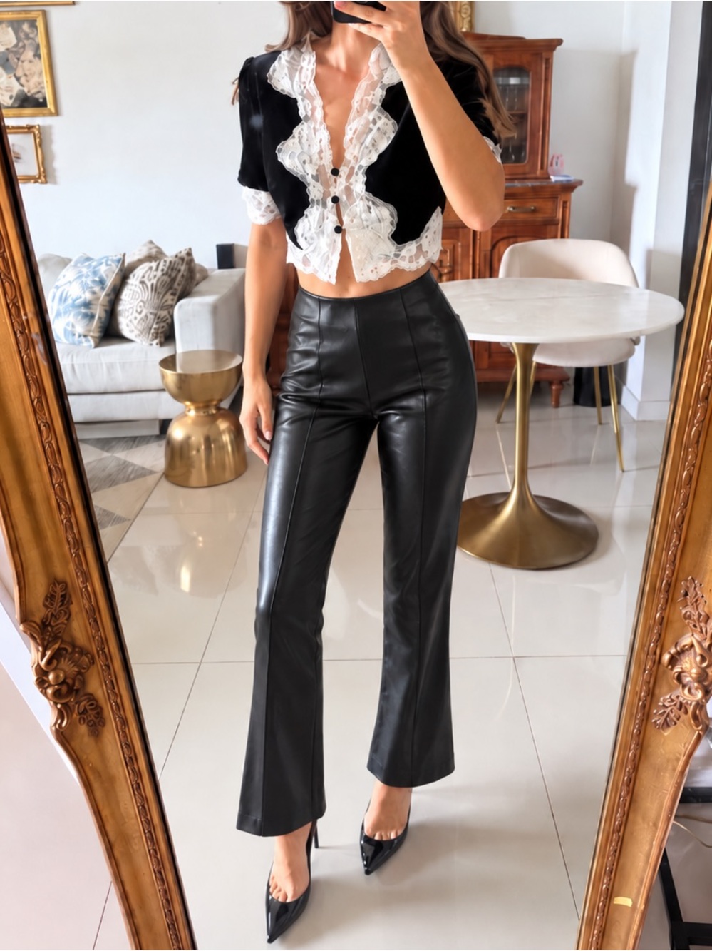 Zara NWT Black Faux Leather Flared semi crop Pants